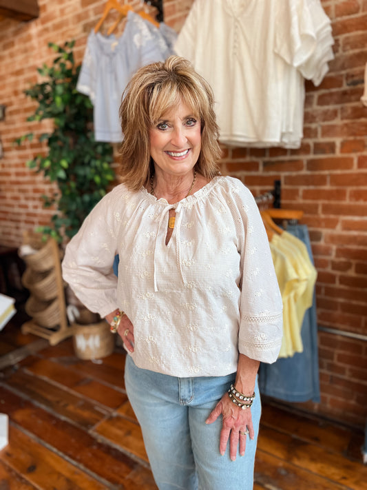 3/4 Sleeve Split Neck Top with Lace Trim