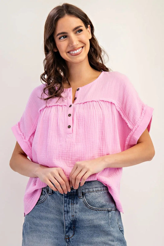 Pink Cotton Gauze Short Sleeve