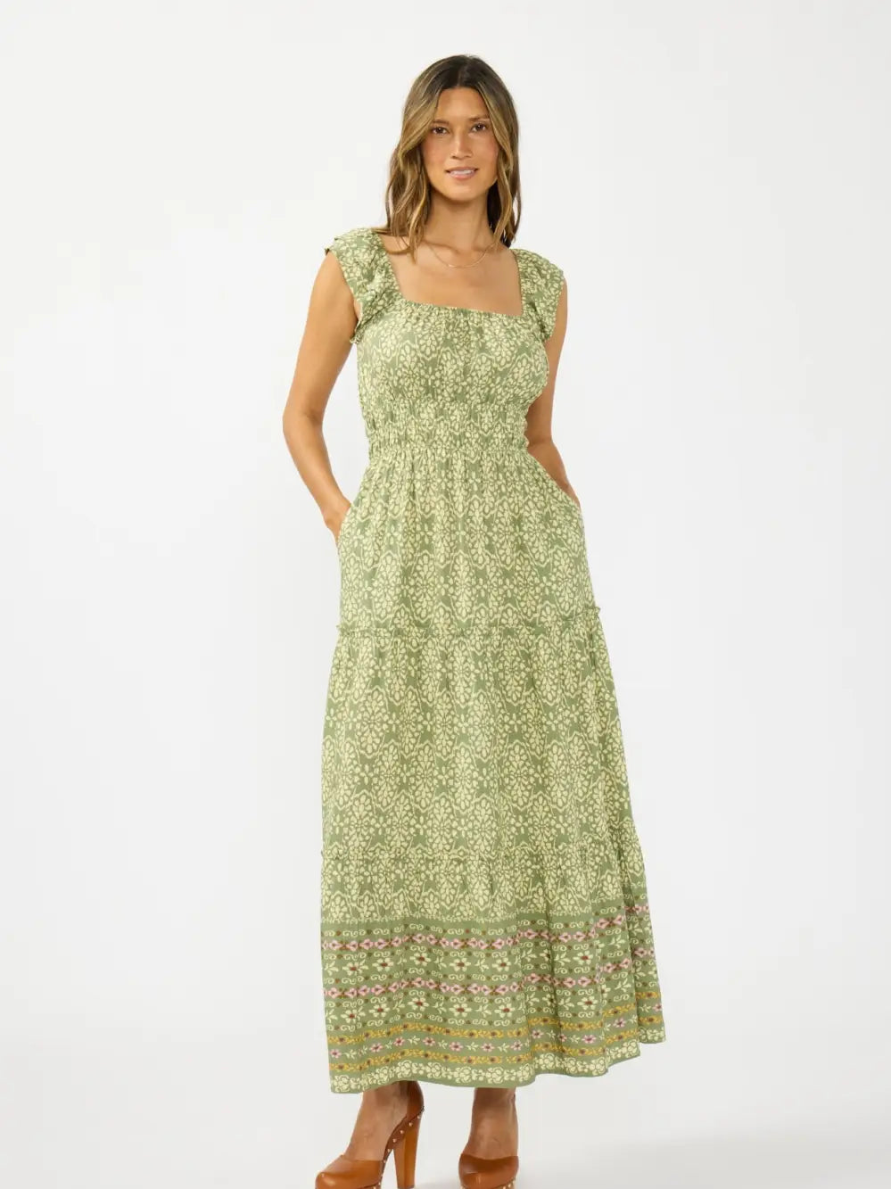 Olive Green Boho Print Maxi Dress