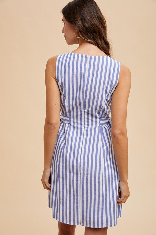 Blue/Ivory Linen Blend Stripe Dress
