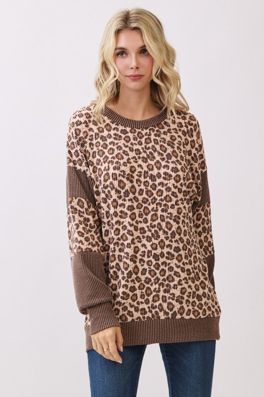 Leopard Print Drop Shoulder Brown Contrast Top