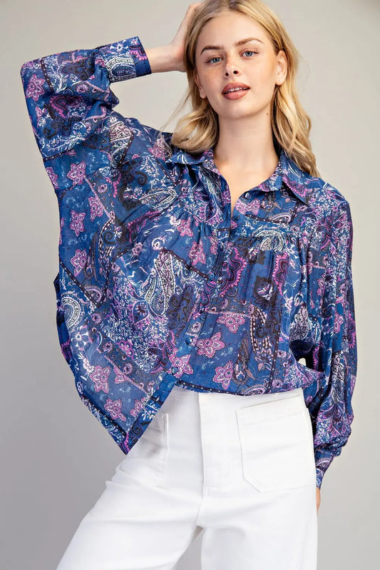 Paisley Navy Print Top