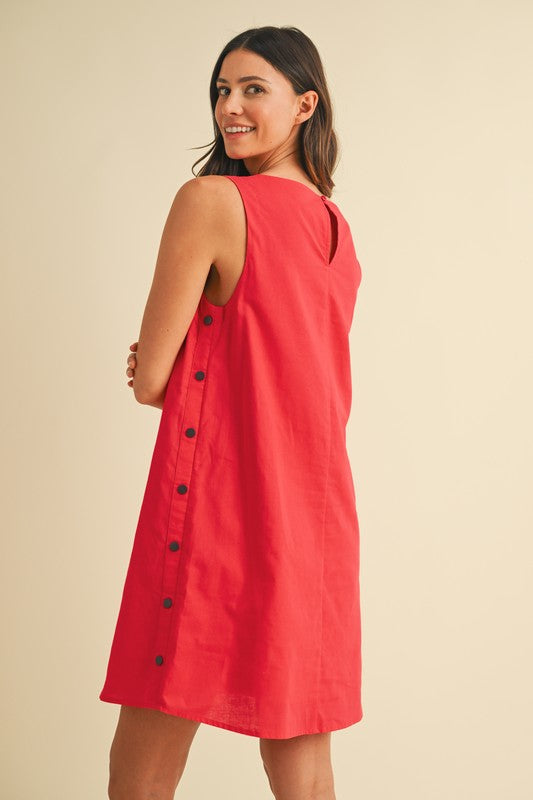 Red Cotton Button Side Dress