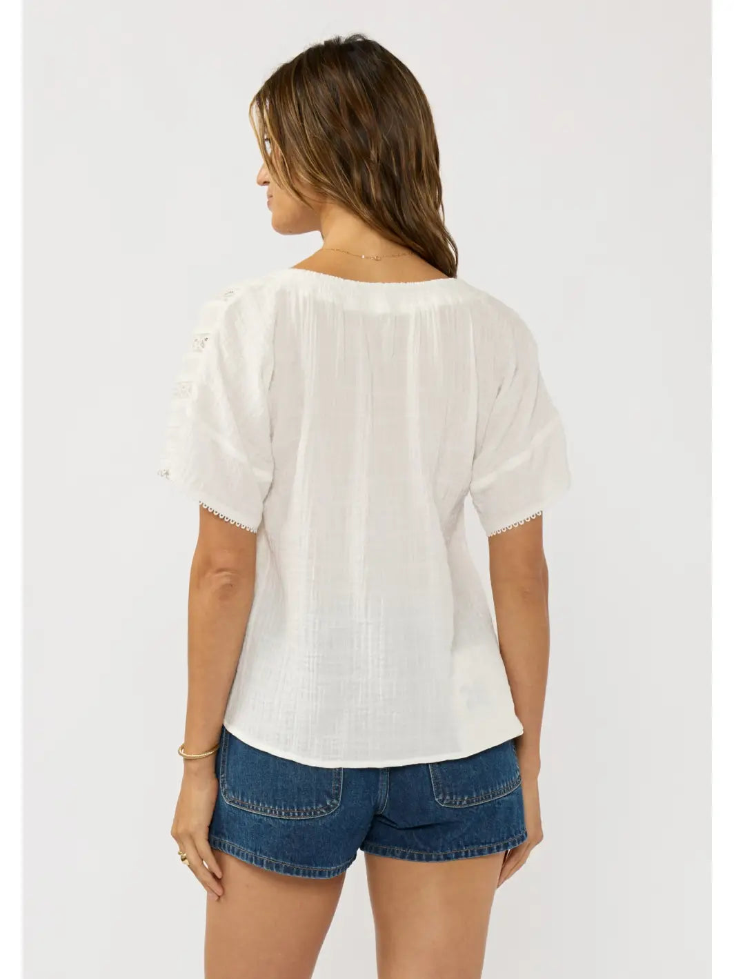 Half Button Front Gauze Top with Lace
