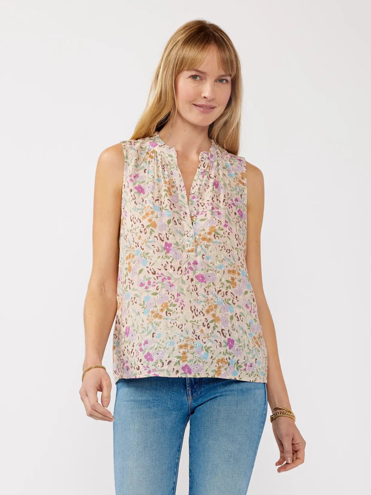 Floral Rayon Eyelet Button Front Tank