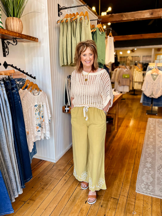 Avocado Linen/Cotton Blend Embroidery Detail Pants