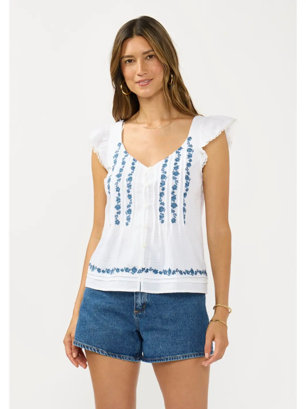 White Embroidered Ruffle Sleeve Top