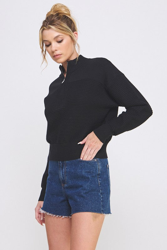 Dolman Half Zip Texture Ribbed Sweater