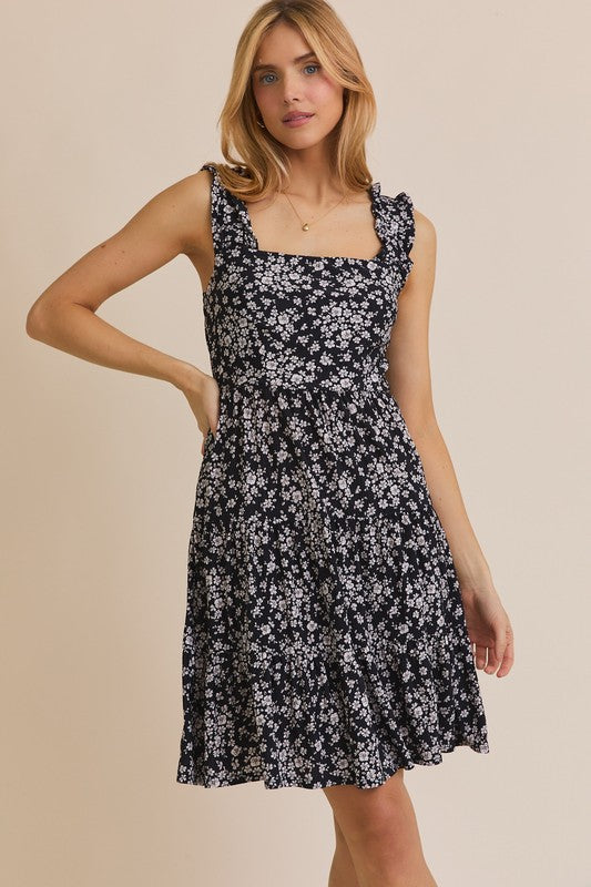 Square Neck Floral Short Dress