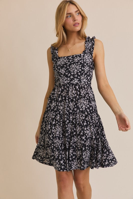 Square Neck Floral Short Dress