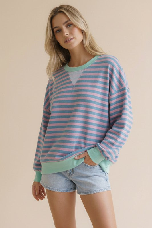 Crew Neck French Terry Cotton Candy Stripe Top