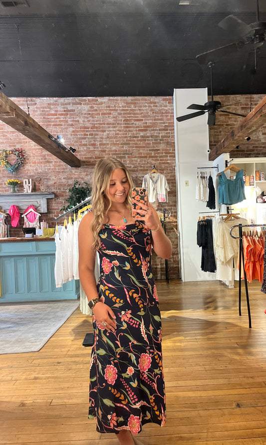 Navy Floral Tie Shoulder Dress