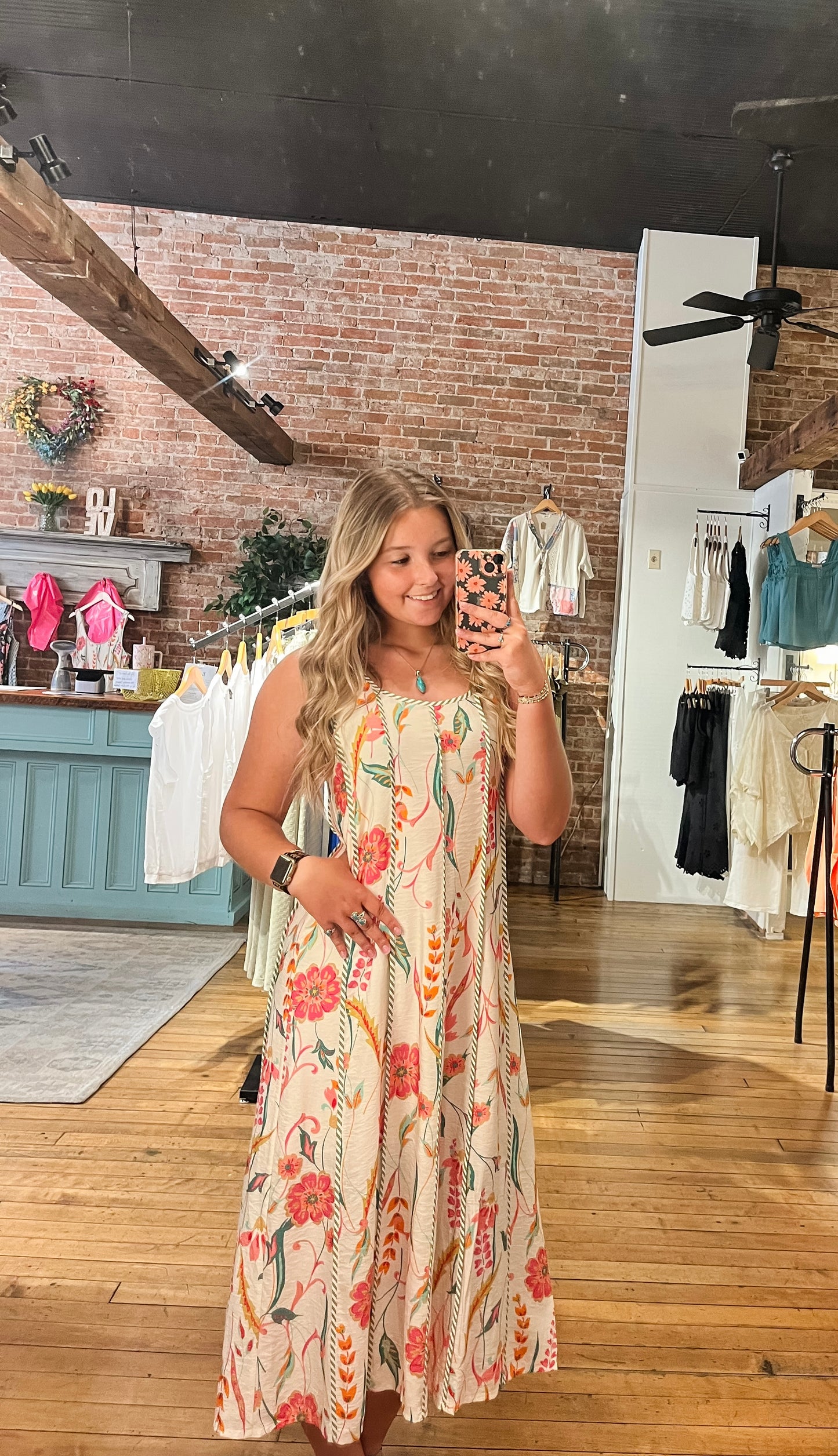 Cream Floral Pattern Midi Dress