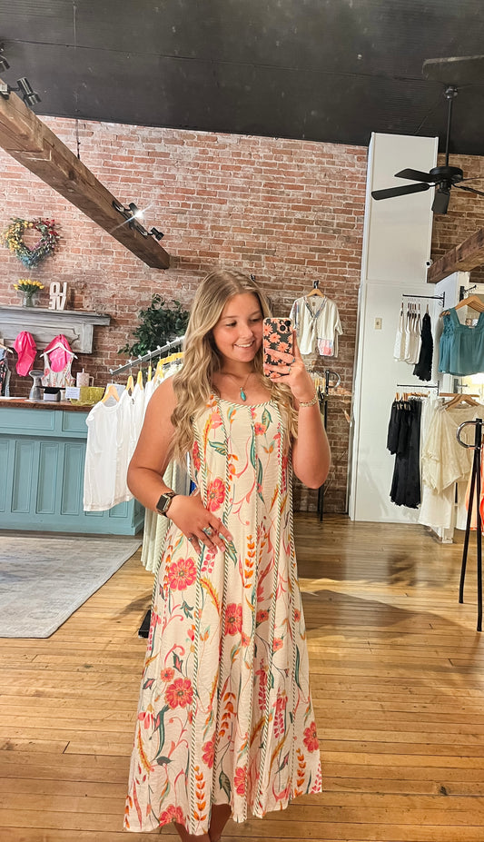 Cream Floral Pattern Midi Dress
