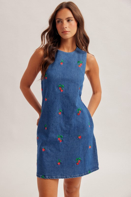 Cutout Back Strawberry Soft Denim Dress