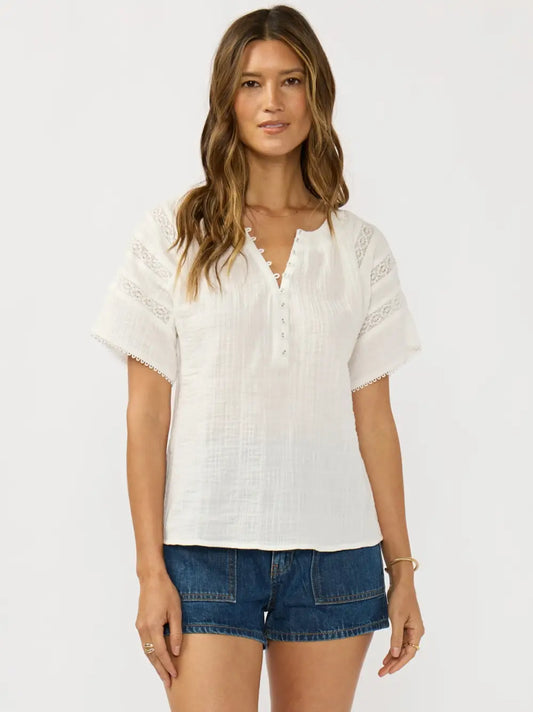 Half Button Front Gauze Top with Lace