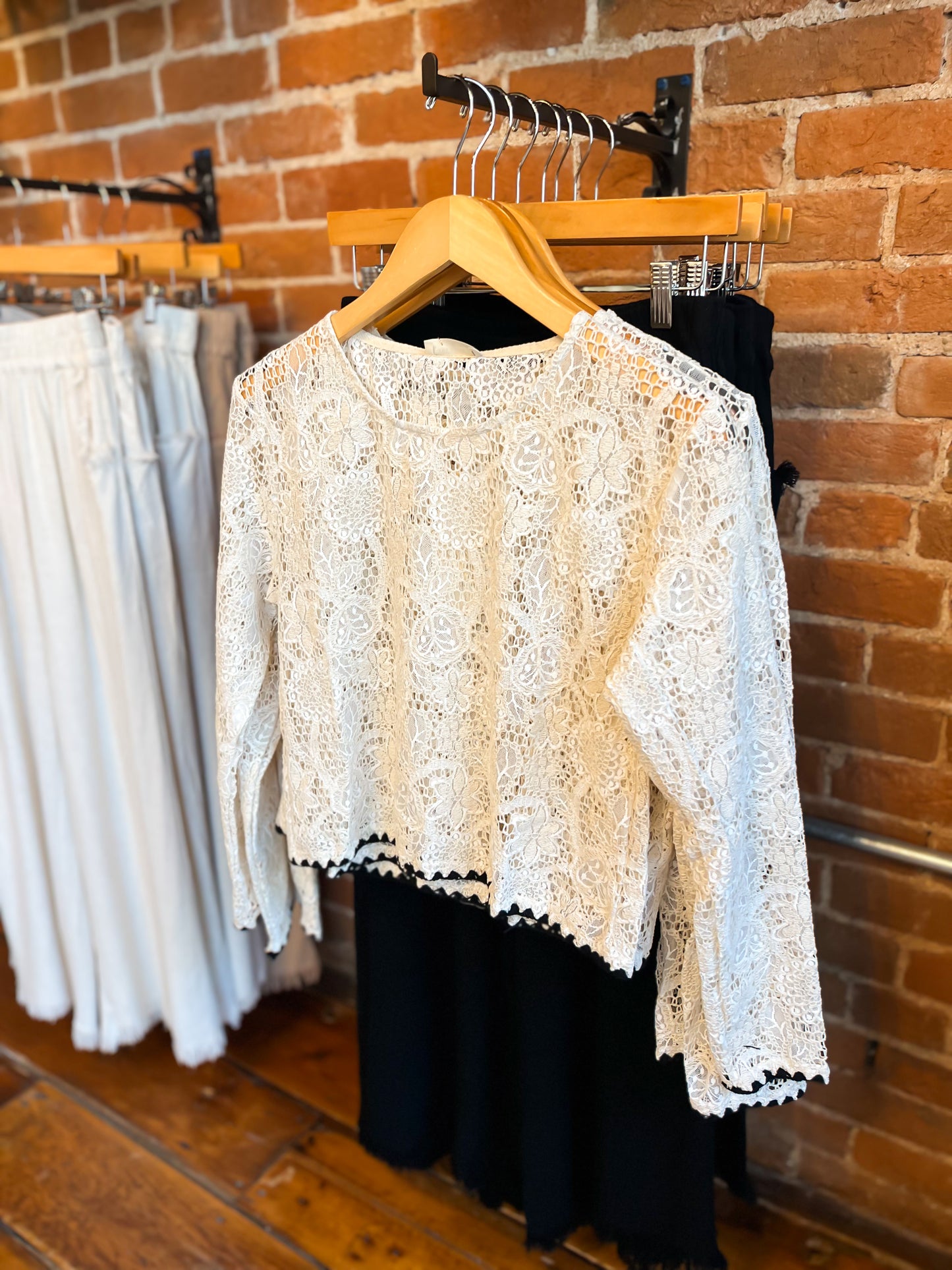 Natural Lace Top with Black Embroidered Trim