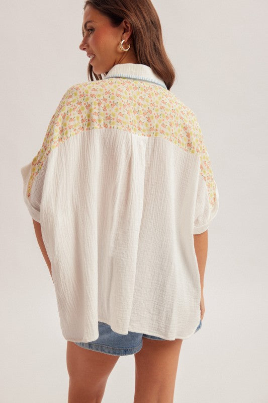 Embroidered Mix Textured Button Down Shirt