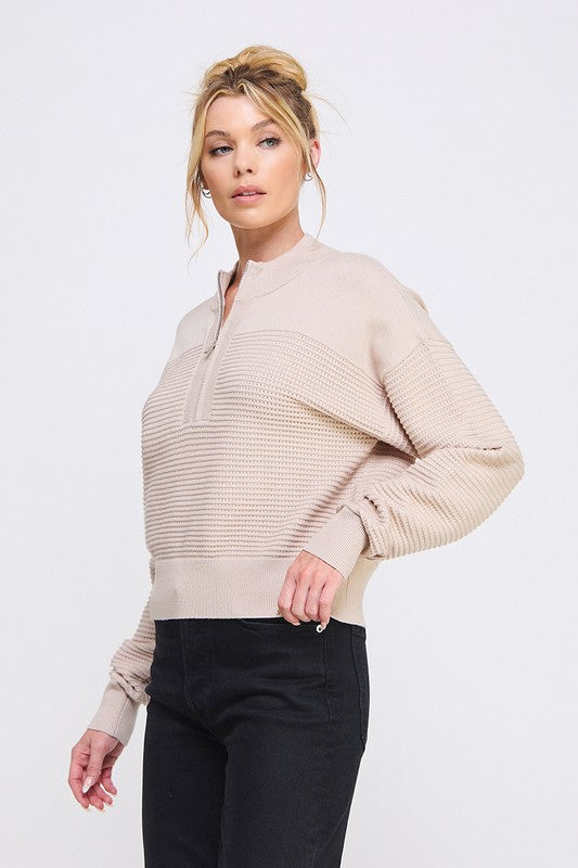 Dolman Half Zip Texture Ribbed Sweater