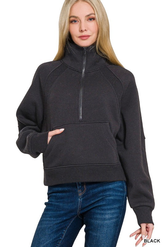 Half Zip Kangaroo Pocket Cropped Sweatshirt