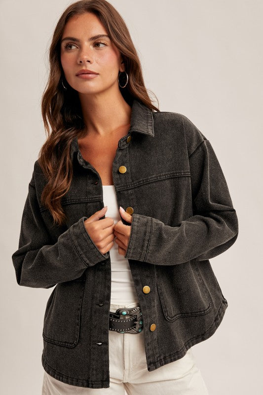 Distressed Washed Canvas Utility Black Jacket