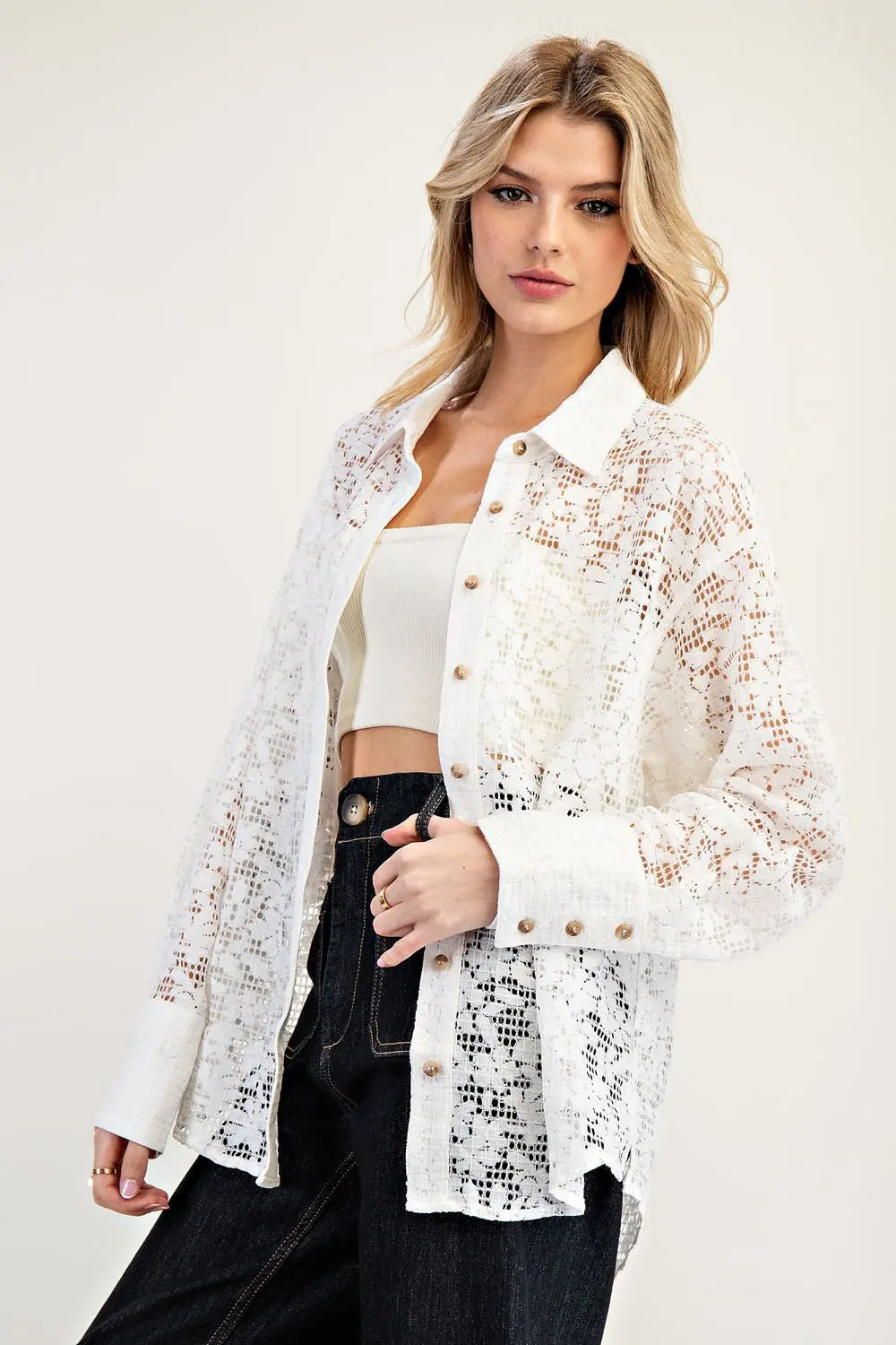 Off White Lace Button Up Top