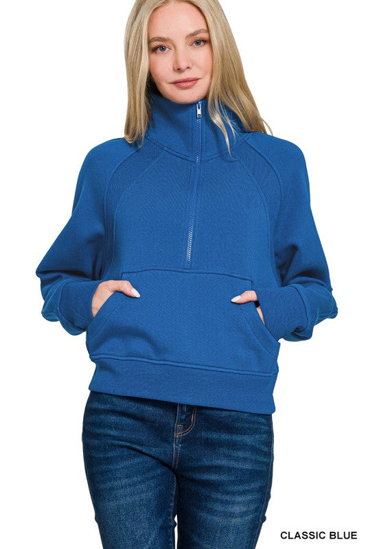 Half Zip Kangaroo Pocket Cropped Sweatshirt