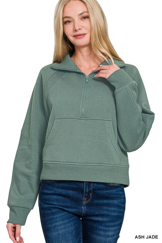 Half Zip Kangaroo Pocket Cropped Sweatshirt