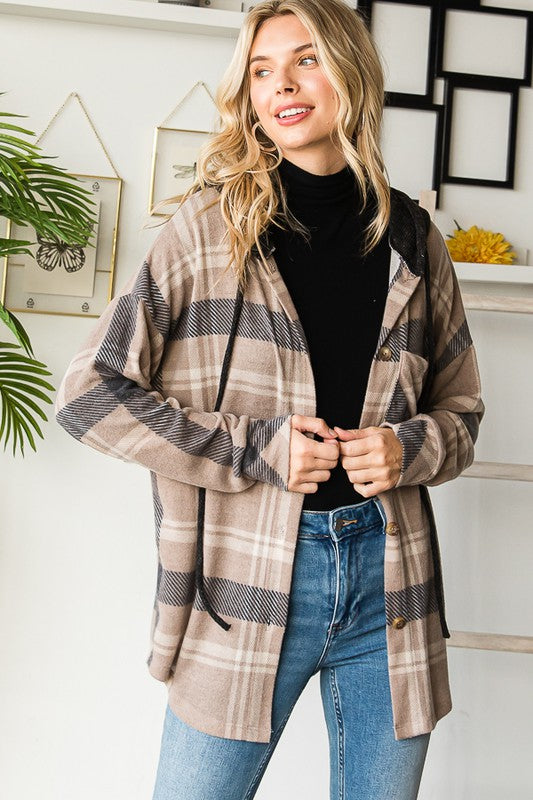 Button Down Plaid Hooded Jacket