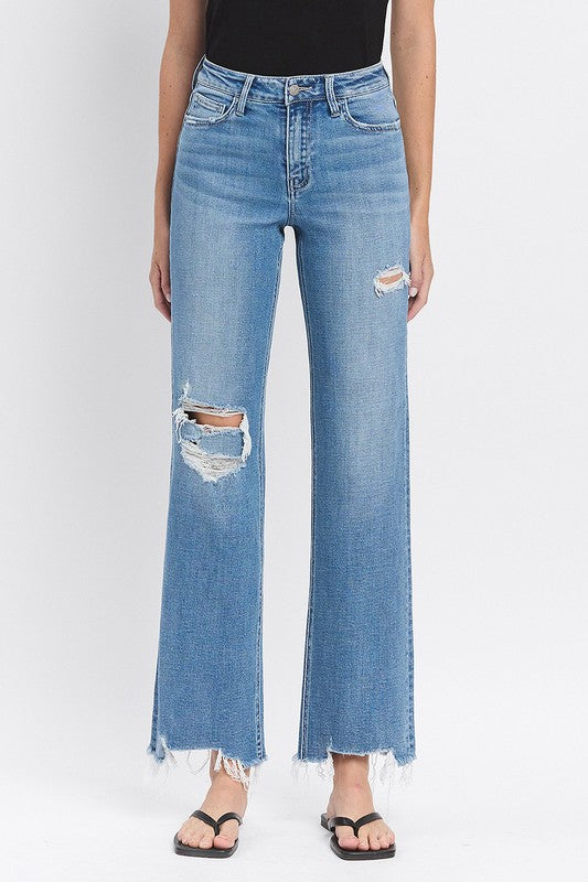 High Rise Medium Wash Distressed Slim Wide Leg Jeans