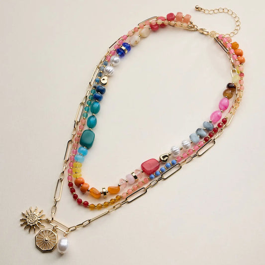 Layered Beaded and Chain Necklace with Sun and Pearl Charms