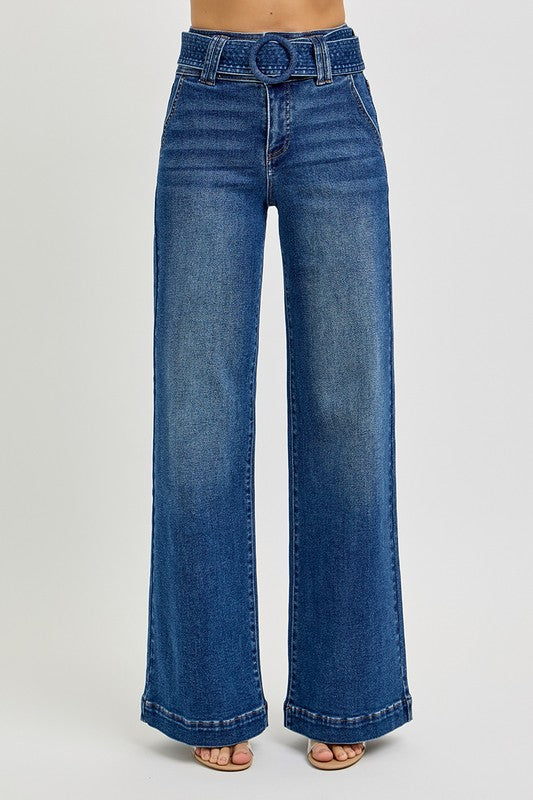 Tummy Control Wide Leg Belted Jeans