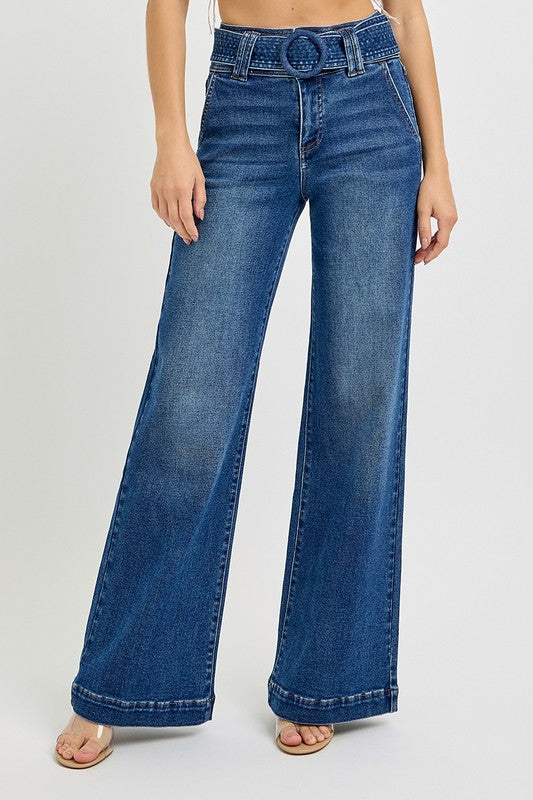 Tummy Control Wide Leg Belted Jeans