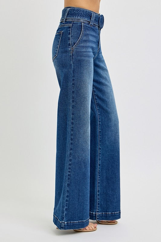 Tummy Control Wide Leg Belted Jeans