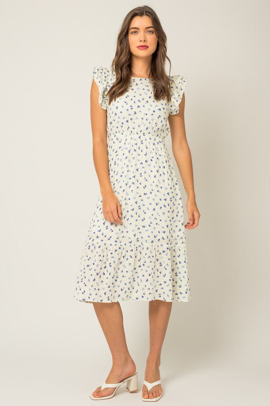 Ivory and Blue Ruffle Sleeve Cotton Dress