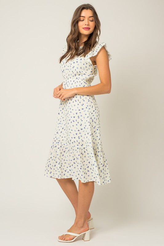 Ivory and Blue Ruffle Sleeve Cotton Dress
