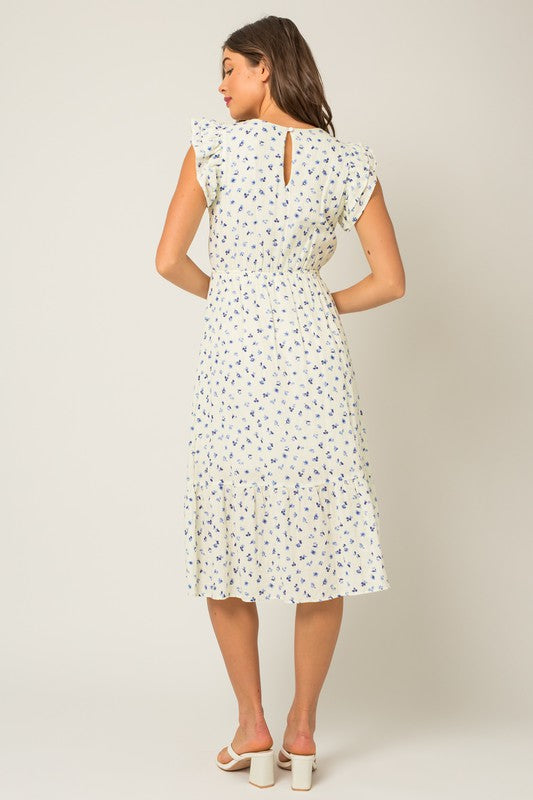Ivory and Blue Ruffle Sleeve Cotton Dress