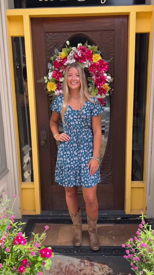 Teal Floral Ditsy Print Dress